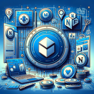 A modern illustration of Non-fungible Tokens (NFTs) in digital marketing. The image showcases a collection of digital art pieces, unique tokens, and symbols of blockchain technology, all rendered in a sleek blue and white theme. It highlights the innovative use of NFTs in marketing