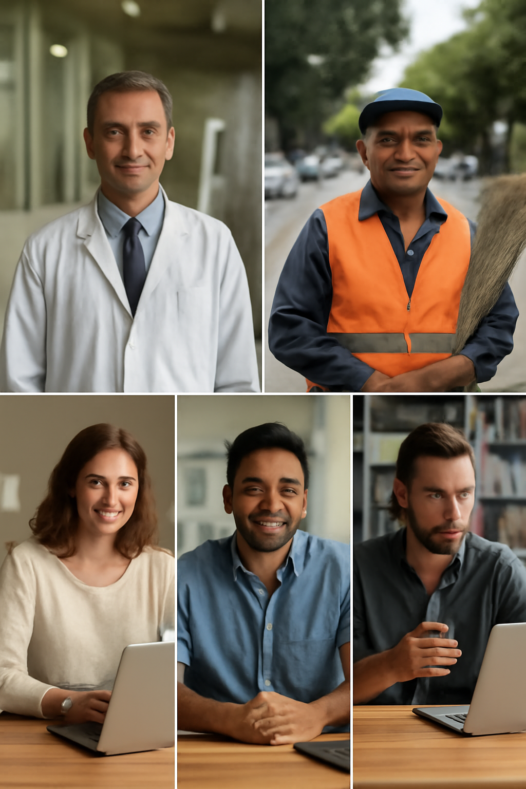 A composite image of six professionals in their work environments: a doctor in a hospital corridor, a street sweeper outdoors, a content writer working from home on a laptop, a digital marketer at their desk, and a remote consultant on a video call. Each individual is portrayed in a realistic and professional setting, showcasing their unique contributions to society